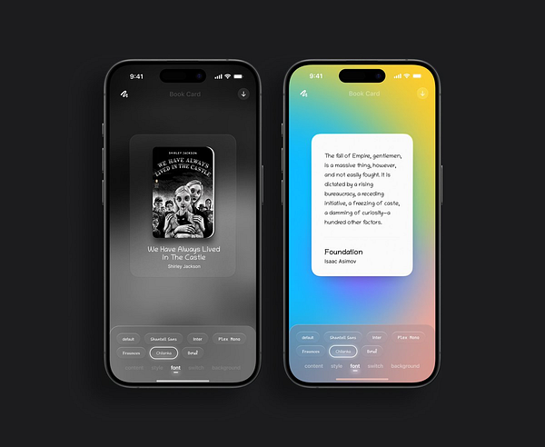 The image displays a dual-screen interface of a book card app showcasing two different book cards.