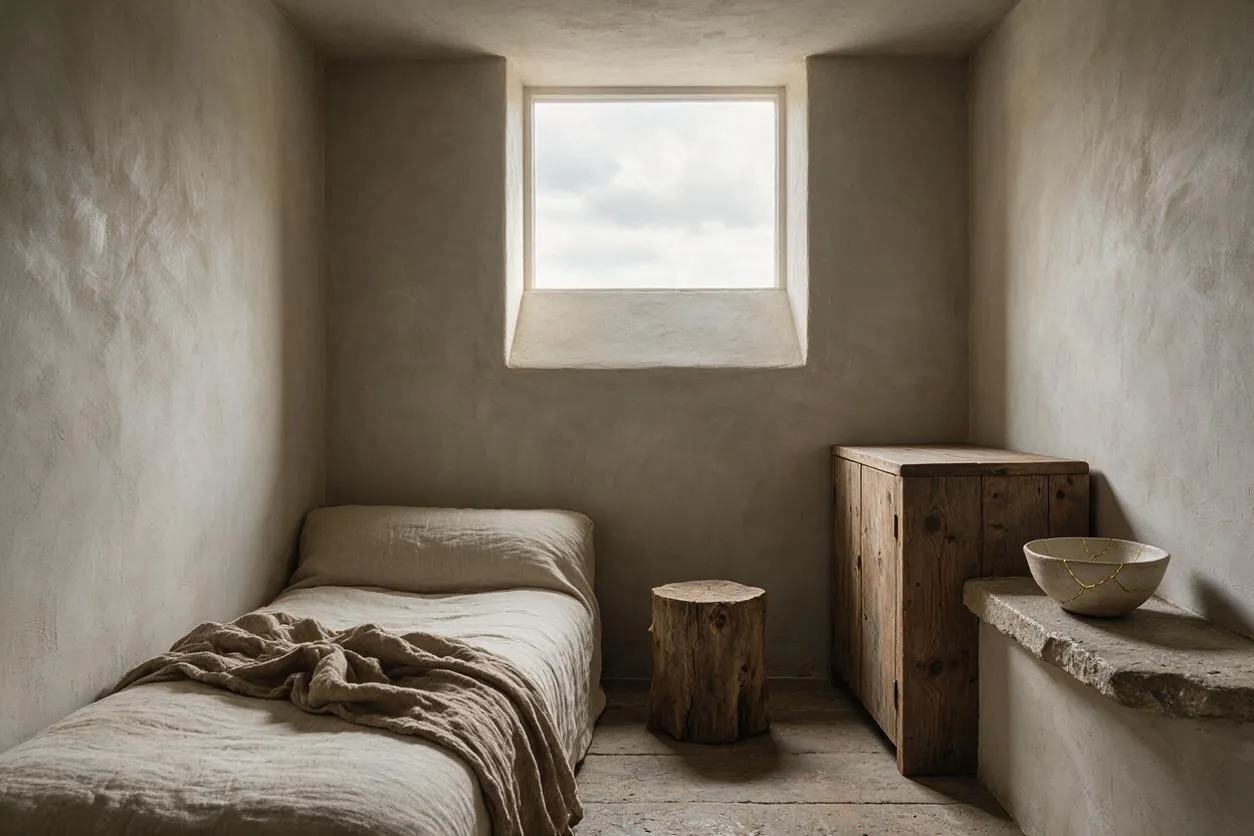 A small studio apartment room with rough plaster walls, a single bed dressed in neutral linen, a log-style stump table, and a weathered wooden cabinet. A small window centered on the back wall brings in soft daylight, while a stone ledge with a ceramic bowl adds to the natural, minimalist atmosphere.