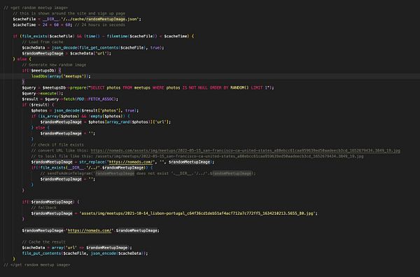 The image displays a code snippet for caching random meetup images in a web application.