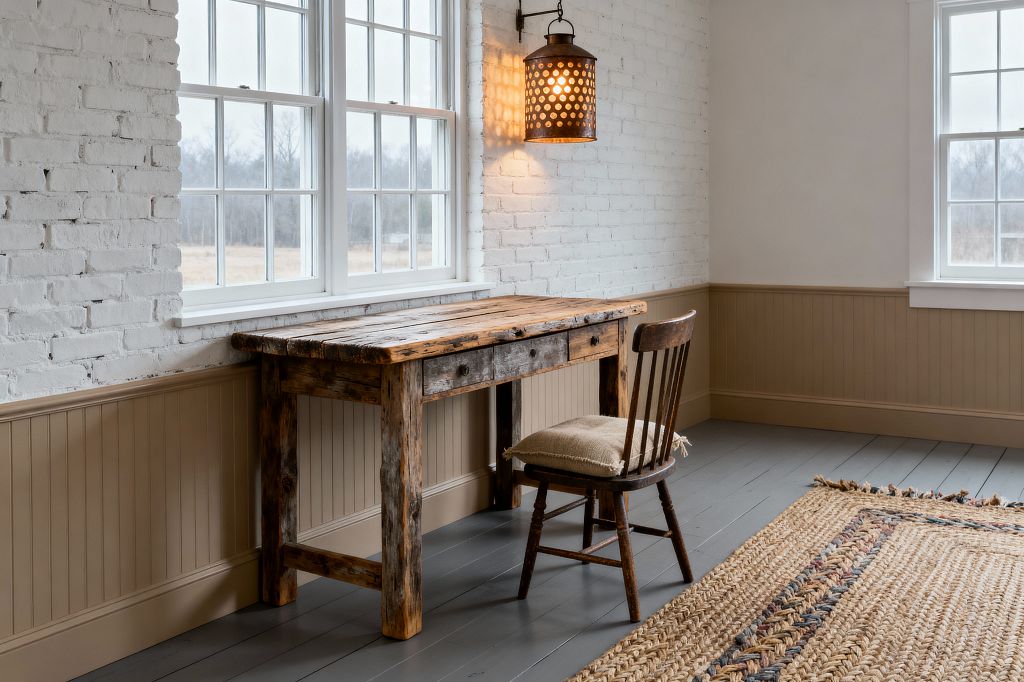 A home office corner features a weathered reclaimed-wood desk set beneath tall double-hung windows. A spindle-back chair with a burlap cushion sits on gray painted plank floors beside a braided jute rug, while white-painted brick and greige beadboard wainscoting line the walls and a weathered metal punched‑tin wall sconce casts a warm patterned glow across the brick.