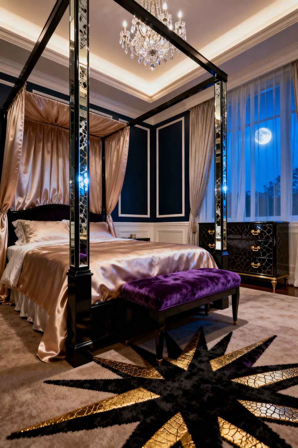 Luxurious bedroom featuring a mirrored four-poster canopy bed with champagne satin drapery and bedding. Walls are deep navy with white panel molding and wainscoting, lit by a crystal chandelier and warm cove lighting. At the foot sits a purple velvet bench; to the right, a black lacquer dresser with brass hardware. Sheer curtains frame tall windows with moonlight beyond, and a plush rug shows a black and gold starburst motif.