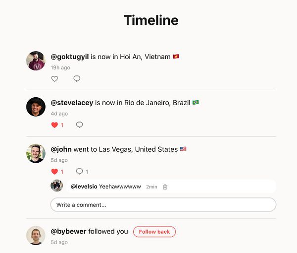Mobile app screen displaying a timeline with posts, likes, and comments functionality.