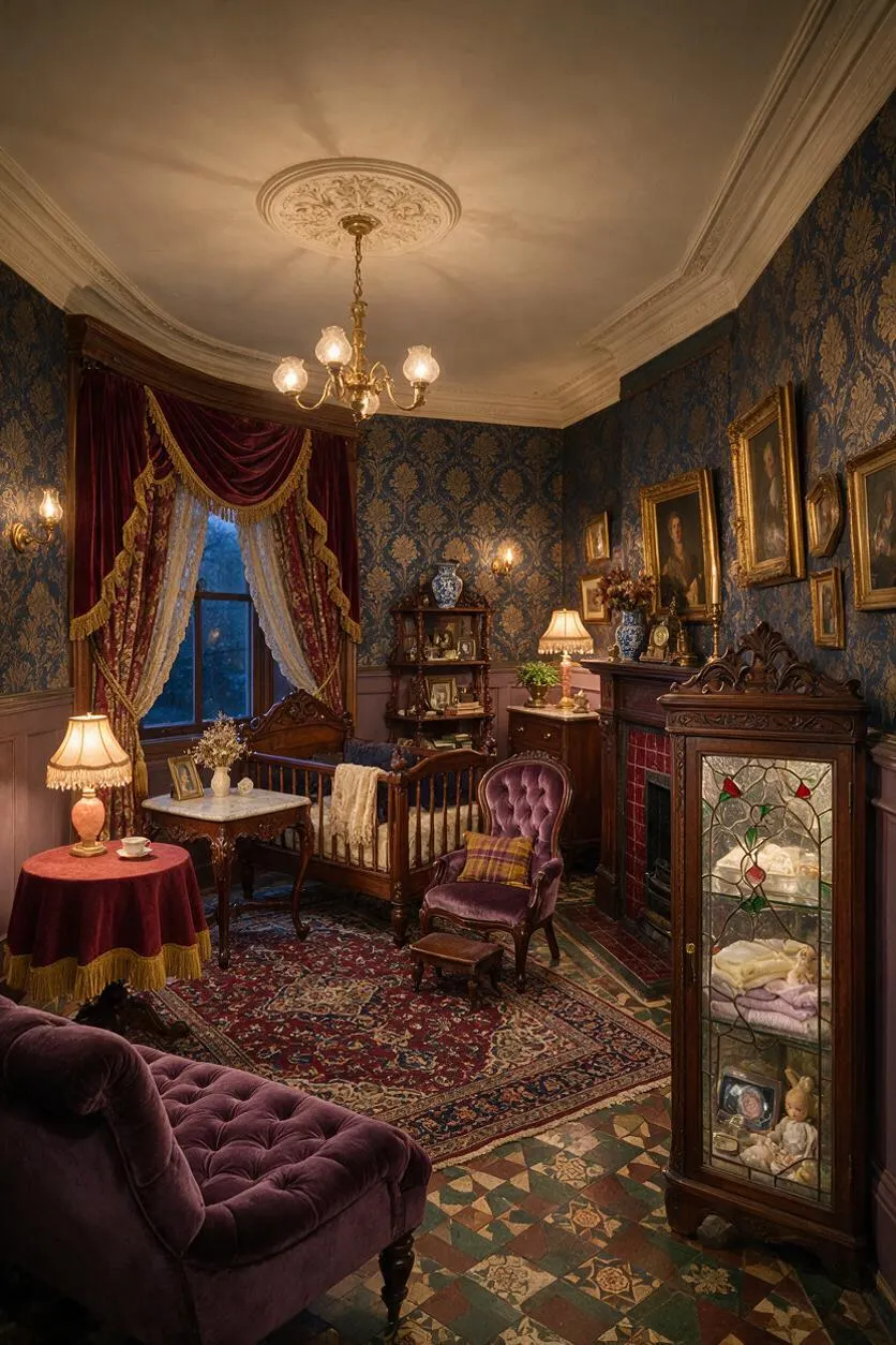 A richly decorated Victorian nursery features a carved wooden crib, tufted velvet seating, ornate drapery, and dark patterned wallpaper. The room includes a stained-glass cabinet, antique portraits, brass lighting, and layered rugs over decorative tile flooring.