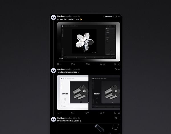 The image displays a Twitter feed showcasing the launch of Morflax Studio's dark mode.
