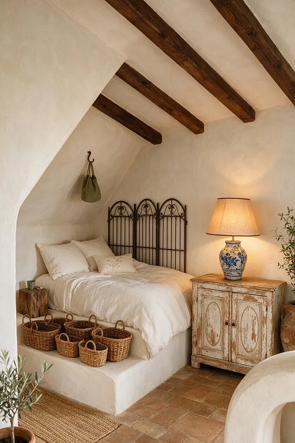 A cozy Mediterranean-style master bedroom with white plaster walls, a sloped ceiling with exposed dark wood beams, and a low bed dressed in soft white linens. The room features a wrought-iron headboard, a distressed wood nightstand with a blue-and-white ceramic lamp, woven baskets at the foot of the bed, and warm terracotta tile flooring.