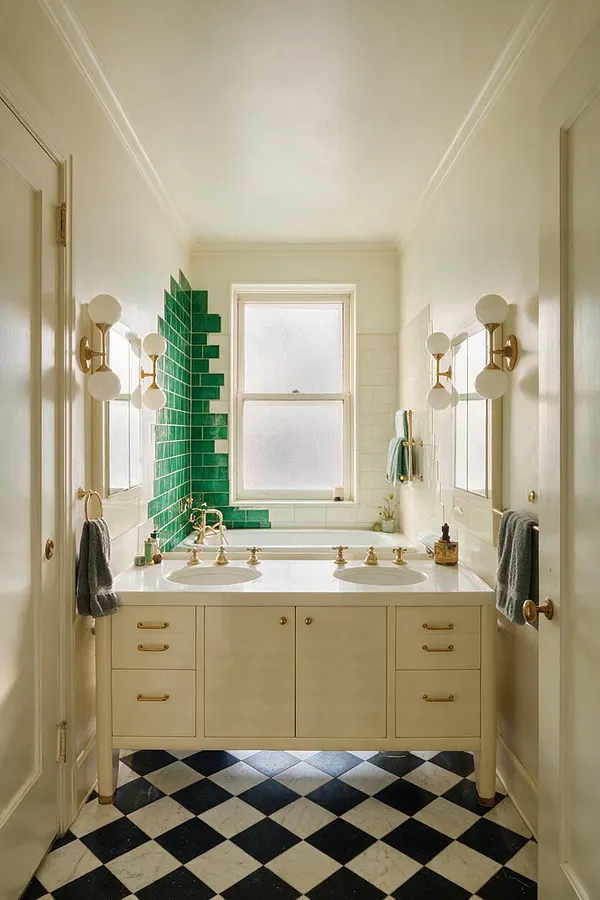 A narrow master bathroom with a cream double vanity, brass fixtures, and a black-and-white diamond checkered floor. A frosted window sits above the tub, while a dramatic green geometric tile accent wall adds an Art Deco focal point beside the bathtub.