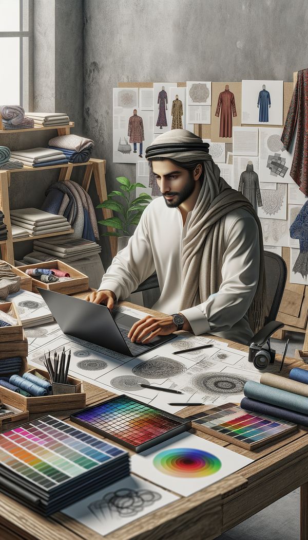A designer sitting at a desk, surrounded by fabric samples, color palettes, and sketches, focused on writing a concept statement on a laptop.