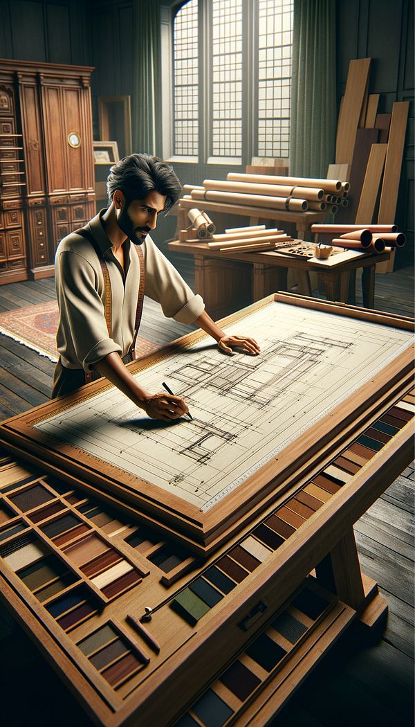 An artisan carefully measuring and sketching a custom furniture design on a large drafting board, with various wood samples and fabric swatches spread out around the workspace.