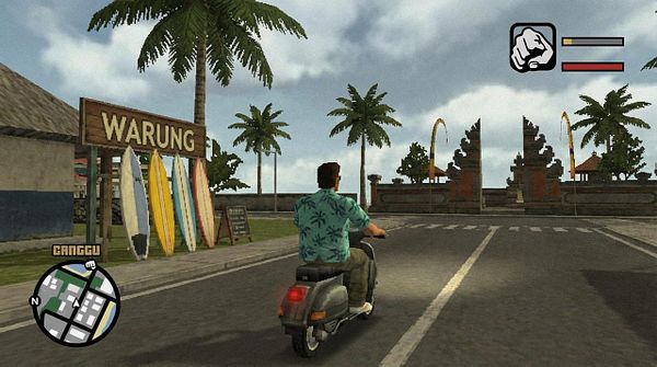 A character rides a scooter past a 'Warung' sign in a tropical setting reminiscent of a video game.