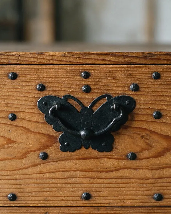 A close-up of a wooden chest or cabinet front made of warm, textured cedar planks with visible grain and dark nail heads. Centered on the panel is a decorative black iron butterfly-shaped handle or latch, creating a traditional Japanese-inspired Zen detail.