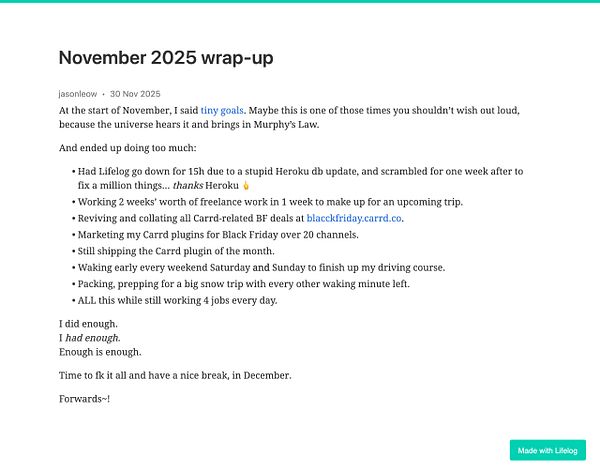 A personal wrap-up post detailing the author's activities and challenges faced in November 2025.