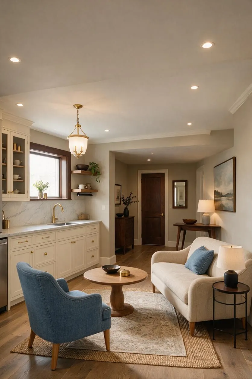 A softly lit transitional basement combines a compact kitchen and lounge area. Cream cabinetry with brass hardware, a marble-look backsplash, and wood trim sit beside a beige sofa, blue accent chair, round wood coffee table, and layered natural-fiber rugs.
