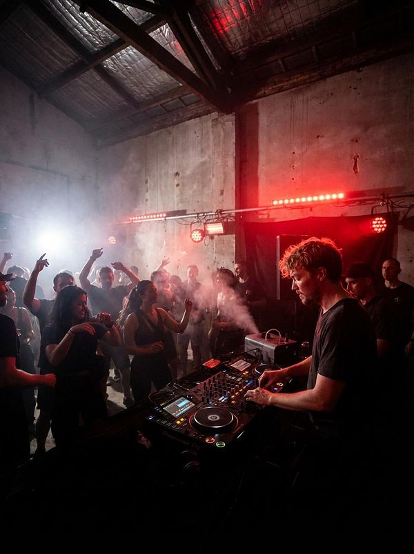 A DJ performs in a lively venue filled with an energetic crowd.