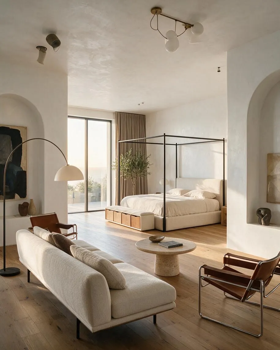 A modern master bedroom with a black metal canopy bed dressed in soft white bedding, set on warm wood floors beneath creamy plaster walls. The room includes a low upholstered sofa, leather lounge chairs, a stone pedestal table, arched wall niches, and large sliding glass doors with floor-length curtains.