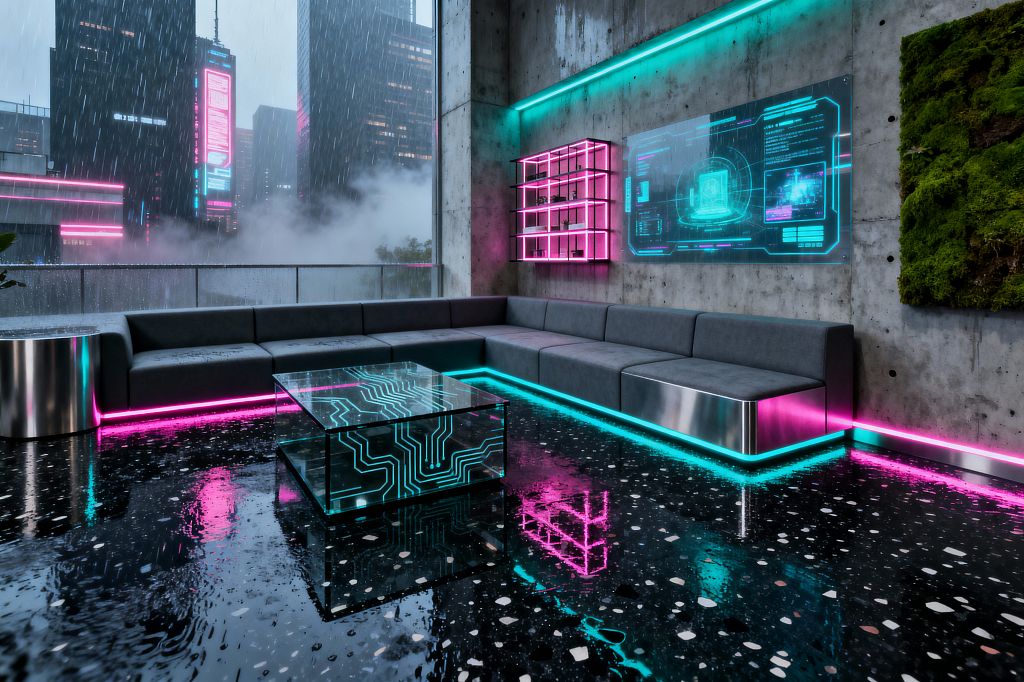 A cyberpunk living room with floor-to-ceiling windows overlooks a rainy cityscape of neon signs. Inside, a long gray sectional with stainless bases is underlit in cyan and magenta, facing a glass coffee table printed with circuit patterns on a glossy black terrazzo floor; raw concrete walls carry a glowing shelf and a transparent digital screen, while a moss panel adds greenery.