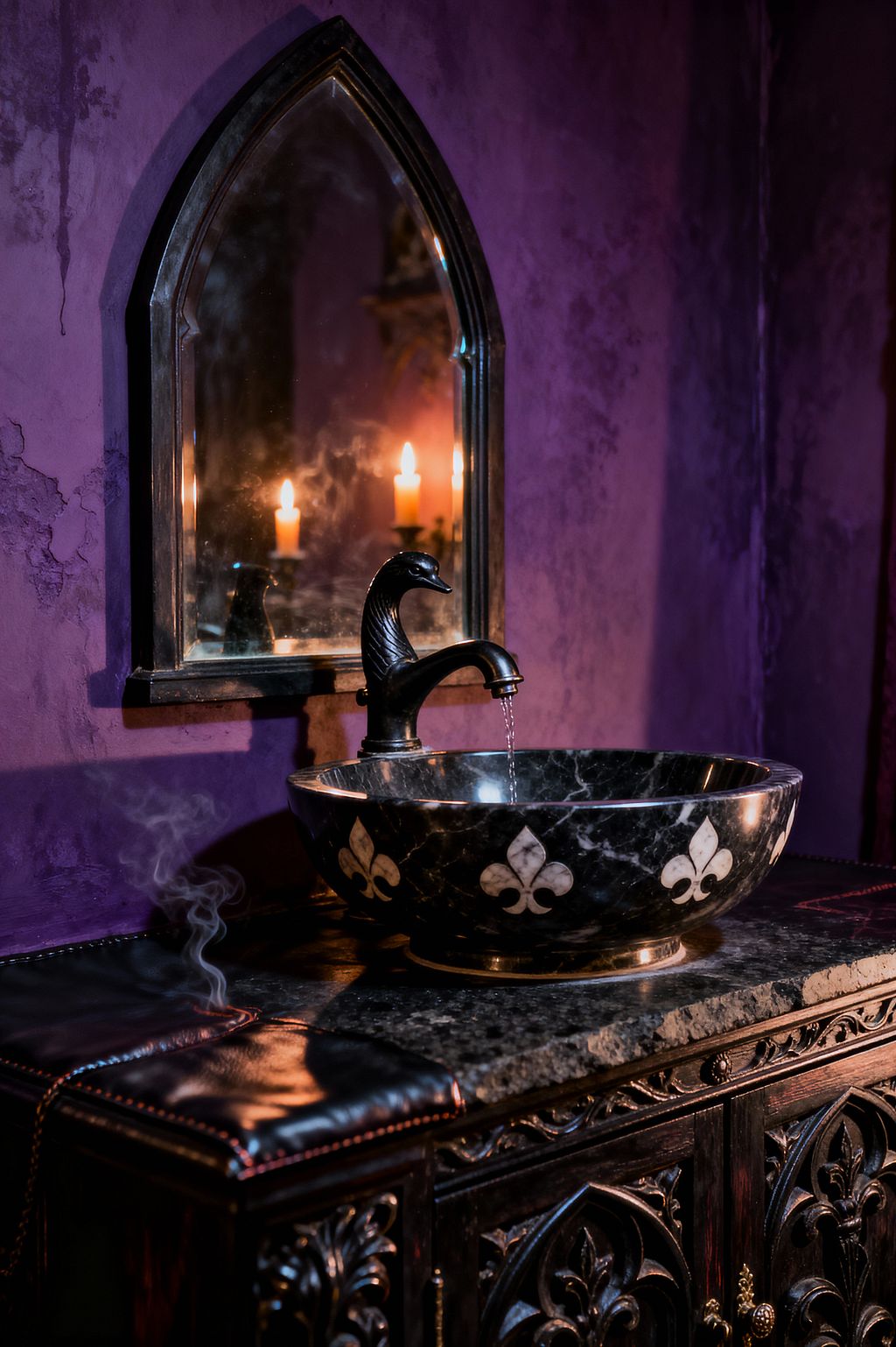 Moody Gothic bathroom vignette with a pointed-arch mirror reflecting two lit candles above a black marble vessel sink inlaid with white fleur-de-lis, served by a sculpted black metal swan-neck faucet that streams water into the bowl on a rough-edged dark stone counter. An intricately carved dark-wood vanity with brass hardware sits against textured deep purple plaster walls as warm candlelight glows and a wisp of smoke drifts near the countertop.