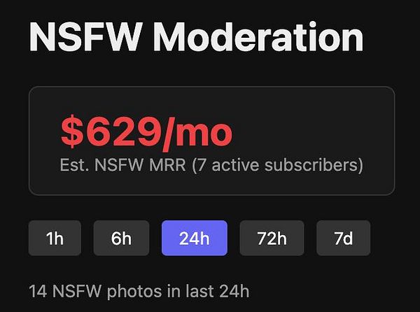 Screenshot of an NSFW moderation dashboard interface with account details and moderation controls.