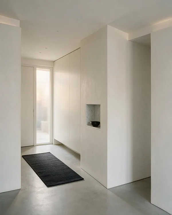 A minimalist entryway with smooth white walls, a light gray polished floor, and built-in flat-panel storage along one side. A small recessed wall niche with a marble back panel holds a black bowl, and a long black runner rug adds contrast near a frosted glass door that brings in soft natural light.