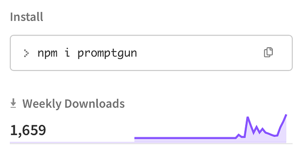 The image displays installation instructions and weekly download statistics for the software 'promptgun'.