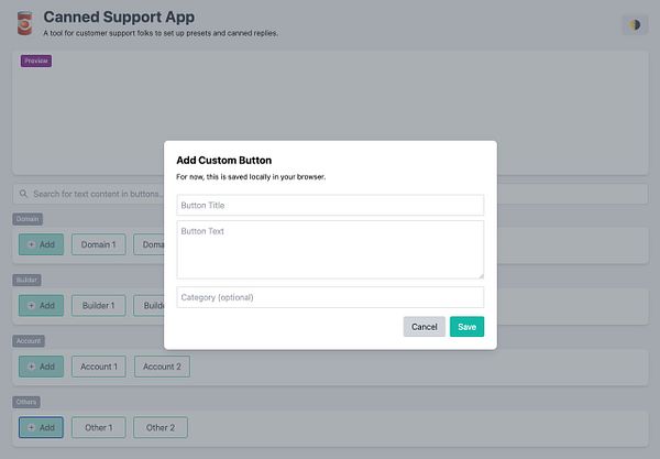 The image displays a user interface for a Canned Support App, featuring a modal for adding a custom button.