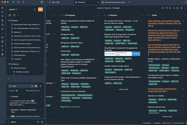 The image displays a project management board with various tasks organized into different columns.