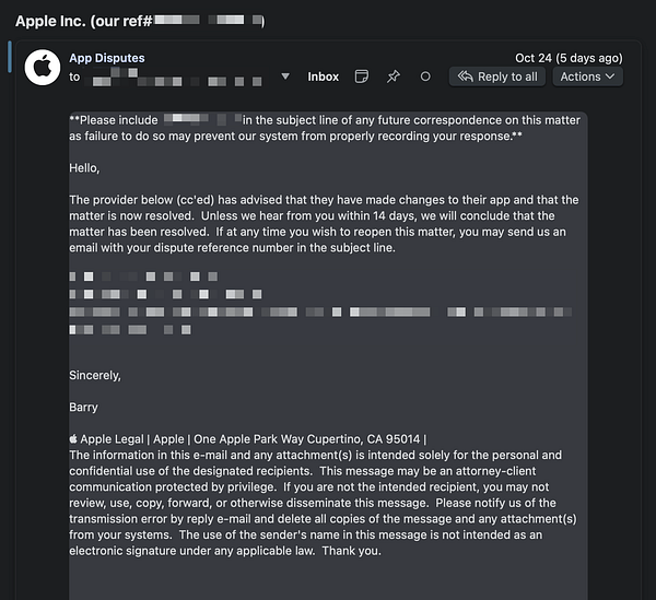 The image displays an email correspondence from Apple Inc. regarding a dispute over app trademark issues.