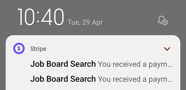 The image displays a smartphone notification screen showing payment alerts from Stripe.