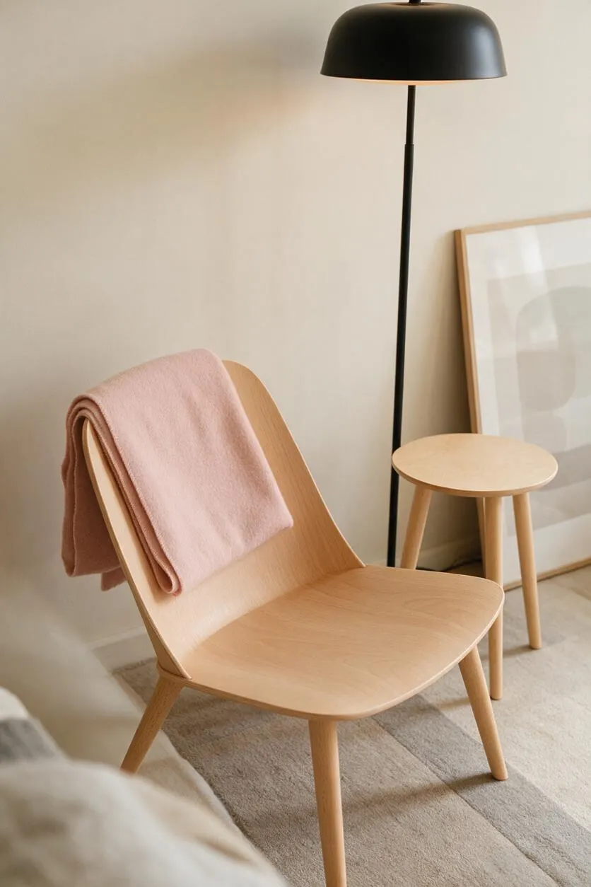 A serene Scandinavian-style corner with a light wood lounge chair draped in a soft pink throw, a small round matching side table, and a tall black floor lamp. A neutral rug and framed art lean against the wall, creating a calm, minimalist vignette.