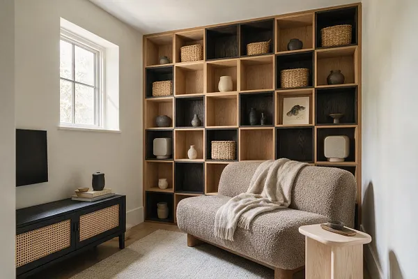 A serene Japandi-style media room with a wall of open wooden cubby shelves filled with woven baskets, ceramic vessels, and dark accent niches. A textured beige sofa with a draped throw sits on a light rug beside a small pale wood side table, while a black media console and wall-mounted TV sit under a sunlit window.
