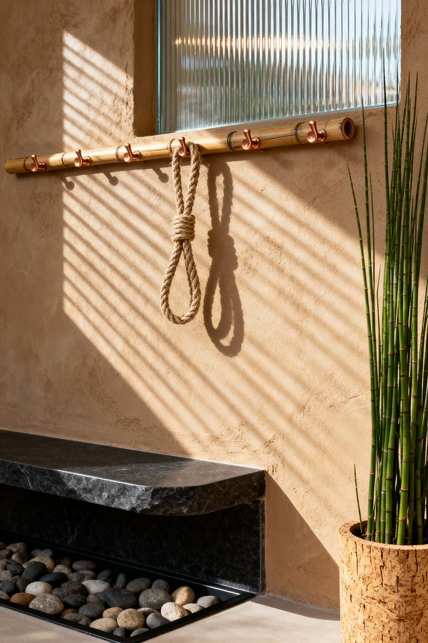 A biophilic mudroom with a warm sand-colored plaster wall beneath a ribbed glass window. A bamboo pole fitted with copper J-hooks holds a knotted natural rope as sunlight casts linear shadows across the surface. Below, a floating dark stone bench sits above a recessed tray of smooth river pebbles, while a tall reed-like plant stands in a cork planter on a concrete floor.