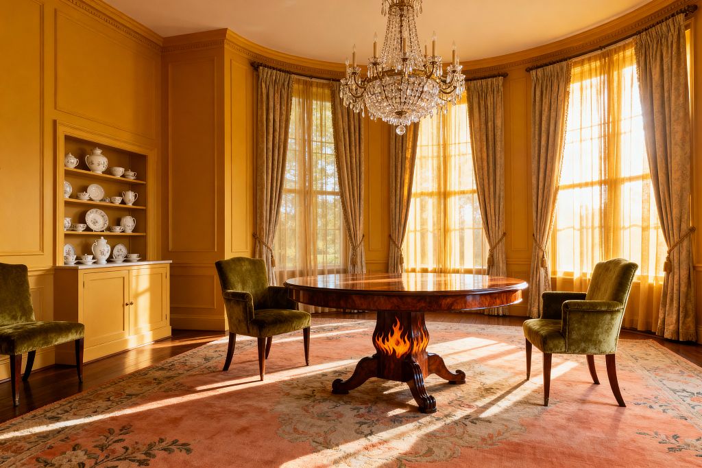 A Traditional dining room with mustard-ochre paneled walls and a large crystal chandelier above a round mahogany pedestal table decorated with a painted flame motif. Four olive green velvet armchairs rest on a salmon floral wool rug. A curved bay of tall windows with sheer curtains and patterned drapes fills the room with warm sunlight, and a built-in cabinet at left displays white porcelain. Floors are dark hardwood.