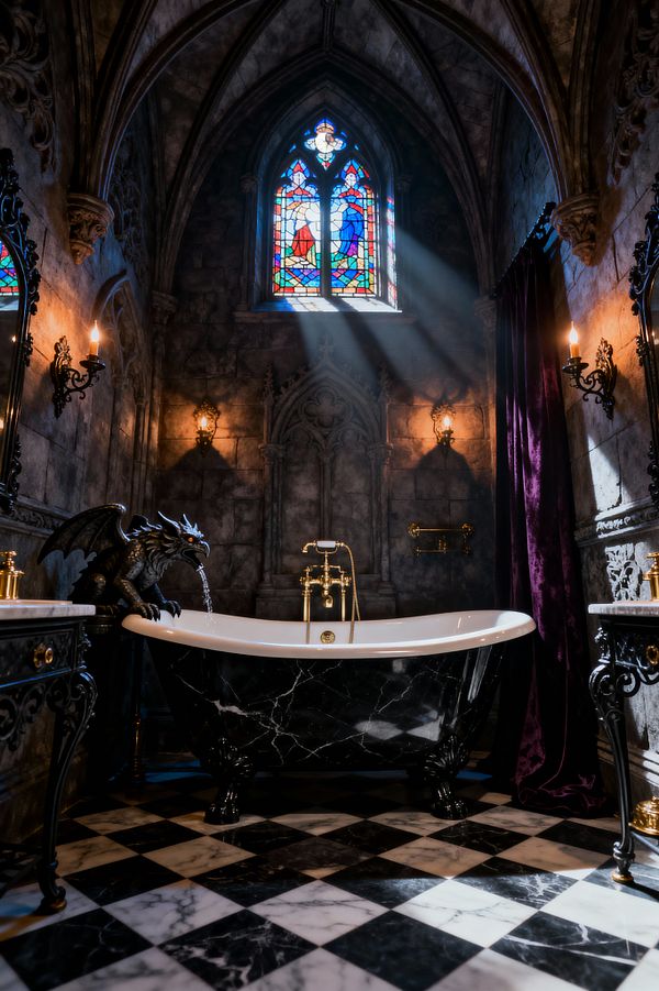 A dramatic Gothic bathroom features a vaulted, pointed ceiling and aged stone walls lit by a stained-glass lancet window casting beams of colored light. At center is a freestanding black clawfoot tub with a white rim and brass fixtures, fed by a gargoyle spout, set on a black-and-white marble checkerboard floor, with wrought-iron candle sconces, ornate black vanities with white marble tops, and a deep purple velvet curtain.