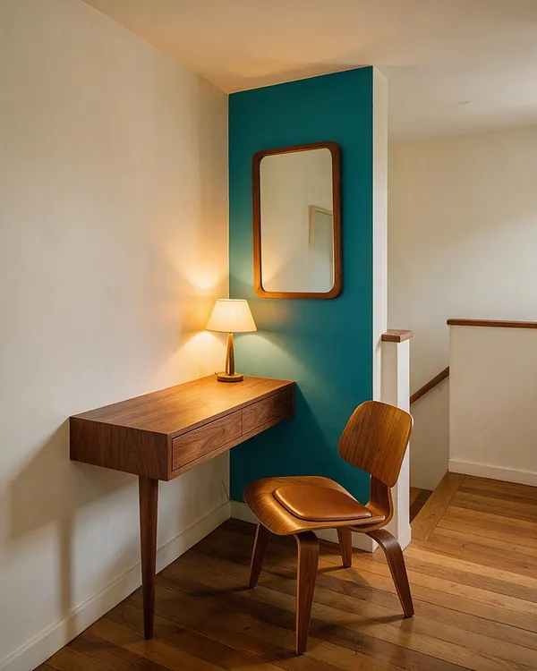 A Mid-Century Modern entryway with a slim walnut console table, a small table lamp, and a rounded rectangular mirror mounted on a teal accent wall. A sculpted wooden chair with a tan seat cushion sits on warm wood flooring beside a stair railing with simple wood trim.