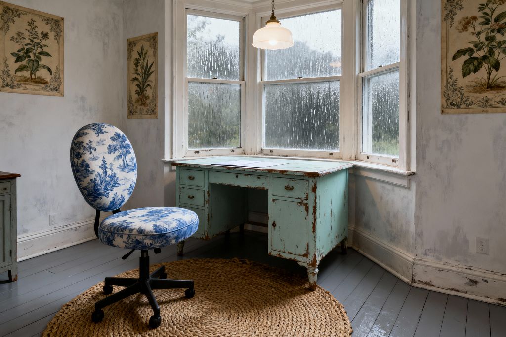 A shabby chic home office features a distressed mint-green wooden desk set within a bay window, rain streaking the glass while a white milk-glass pendant hangs above. A round swivel chair upholstered in blue-and-white toile sits on a circular braided jute rug over gray-painted wood floors; weathered off-white plaster walls display vintage botanical prints, creating a soft, nostalgic workspace lit by diffused daylight.