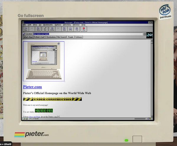 A retro computer screen displaying Pieter's official homepage with an 'Under Construction' banner.