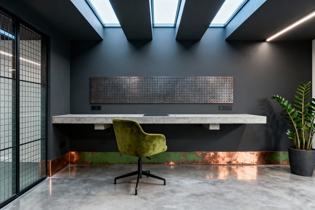 A minimalist industrial home office features a floating concrete desk on a dark charcoal wall beneath overhead skylights. A long perforated steel panel hangs above the work surface, while a band of patinated copper with green verdigris runs along the base of the wall. An olive green velvet swivel chair sits on polished concrete flooring. To the left, a black steel-framed glass partition with a grid pattern screens an adjacent space. A slim linear LED light and a potted plant add brightness.