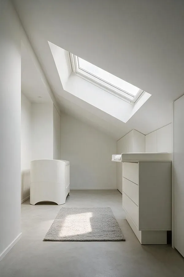 A minimalist nursery in a bright attic-like room with a large skylight centered in the sloped ceiling. The space features white built-in cabinetry, a white changing dresser with drawers, a curved crib or bassinet on the left, and a small soft gray rug on a smooth pale floor.