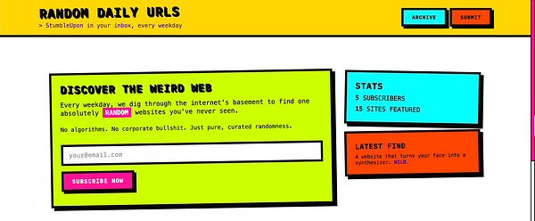 The image displays a colorful web page promoting a service that curates random websites.