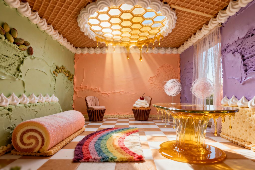 A whimsical living room styled like candy features a waffle-cone ceiling with a honeycomb skylight dripping golden syrup. Pastel frosting-like walls in pistachio, peach, and lavender are trimmed with piped meringue and nut details, surrounding cupcake chairs, a Swiss roll sofa, an amber resin coffee table with dripping edges, a plush rainbow rug on a cream-and-caramel checkerboard floor, delicate sheer curtains, and two lollipop decorations.