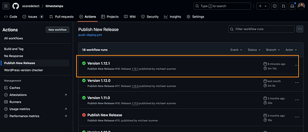 The image displays a GitHub Actions interface showing the workflow runs for the 'Timestamps' plugin release.