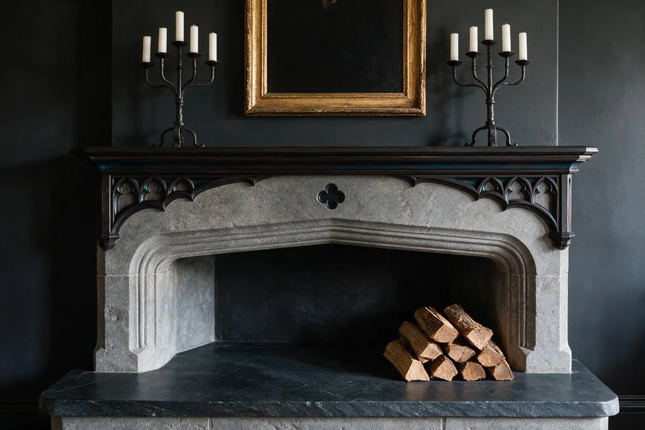 A dark Gothic-style fireplace vignette with a carved stone surround, black mantel, and a stack of firewood inside the hearth. Two black metal candelabras with white candles sit symmetrically on the mantel beneath a gold-framed empty picture frame against a deep charcoal wall.