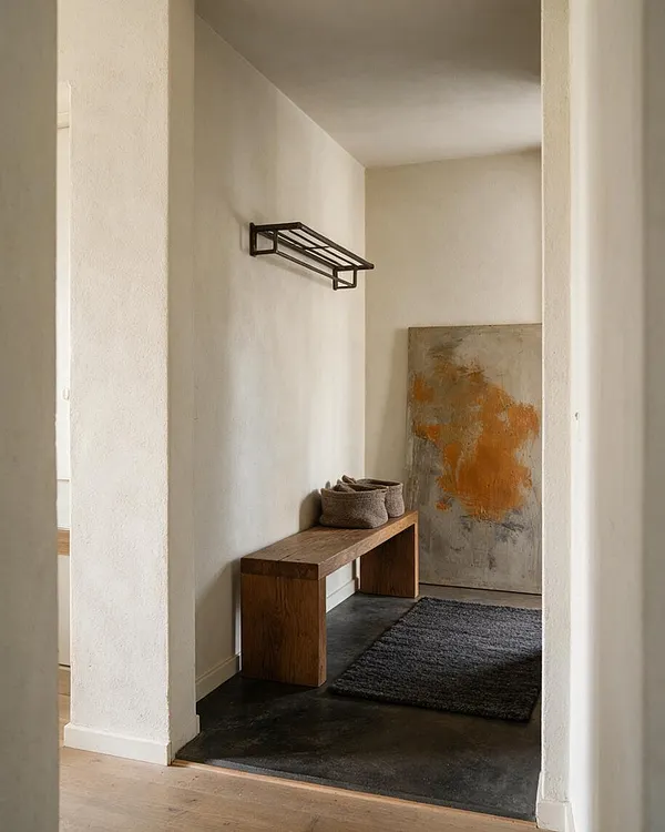 A narrow entryway with smooth off-white plaster walls, a dark metal wall shelf, and a simple bench made from thick natural wood. A large abstract artwork with orange and gray tones leans against the back wall, while a charcoal rug and dark floor create a grounded, minimalist atmosphere.