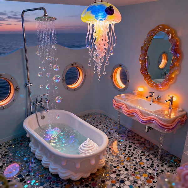 Whimsical bathroom with a candy-inspired theme featuring a white freestanding tub with drippy icing sides and a swirl form, paired with a chrome rain shower that falls as sparkling bubble-like droplets onto a glossy confetti terrazzo floor. A pastel taffy-edge vanity with a white sink, clear legs, and chrome taps sits beneath a scalloped resin mirror, while a jellyfish pendant in iridescent glass and warm porthole windows glow against pale blue walls overlooking the sea.