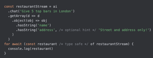 The image displays a code snippet demonstrating data-aware streaming of LLM responses using JavaScript.