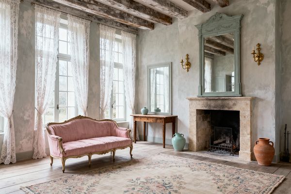 A bright French Country living room features limewashed walls, exposed ceiling beams, and tall windows draped in sheer lace. On the left sits a dusty-rose carved wood settee on wide-plank floors; on the right, a pale limestone fireplace with a sage-green overmantel mirror is flanked by brass sconces, with a rustic wood console and celadon vases nearby, a terracotta urn beside the hearth, and a faded floral rug unifying the space.