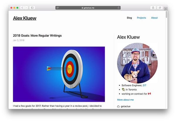 The image displays a personal blog webpage featuring a target graphic and information about Alex Kluew.