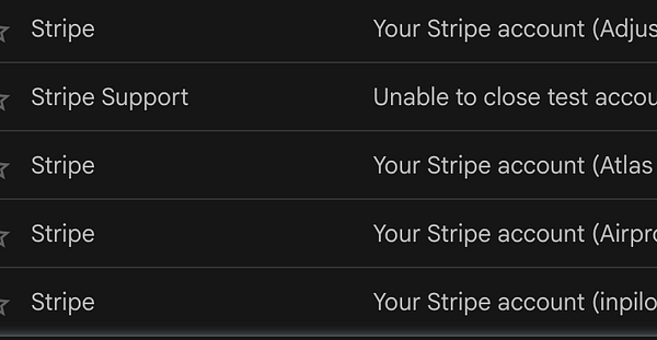 Screenshot of a Stripe account management dashboard listing multiple archived Stripe accounts with their email addresses, IDs, and last activity times.