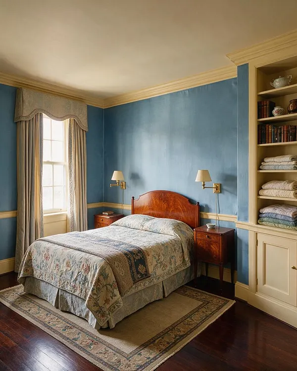 A traditional guest bedroom with blue walls, cream trim, and a polished wood bed centered between two wooden nightstands. A patterned quilt and matching rug add softness, while built-in shelving with folded linens and books creates a welcoming, lived-in feel.