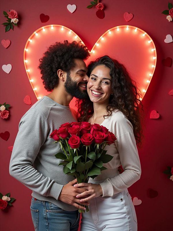 A couple poses together in front of a heart-themed backdrop, celebrating Valentine's Day.
