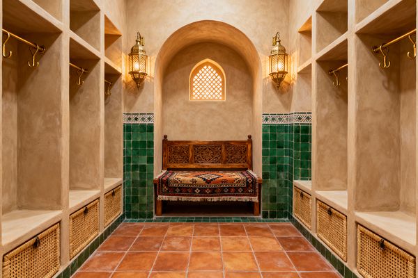 A symmetrical Moroccan-style mudroom with smooth sand-colored plaster walls and half-height emerald-green glazed tiles capped by a white geometric border. An arched niche centers a carved wooden bench draped with a patterned kilim, flanked by two perforated brass lantern sconces. Open plaster cubbies with brass hooks and woven baskets line both sides, and the floor is laid with rustic terracotta tiles under warm ambient light from the lanterns and a small arched lattice window.